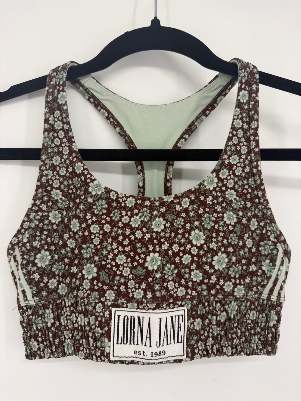 Lorna Jane Brown Floral Racerback Sports Bra with Mint Accents